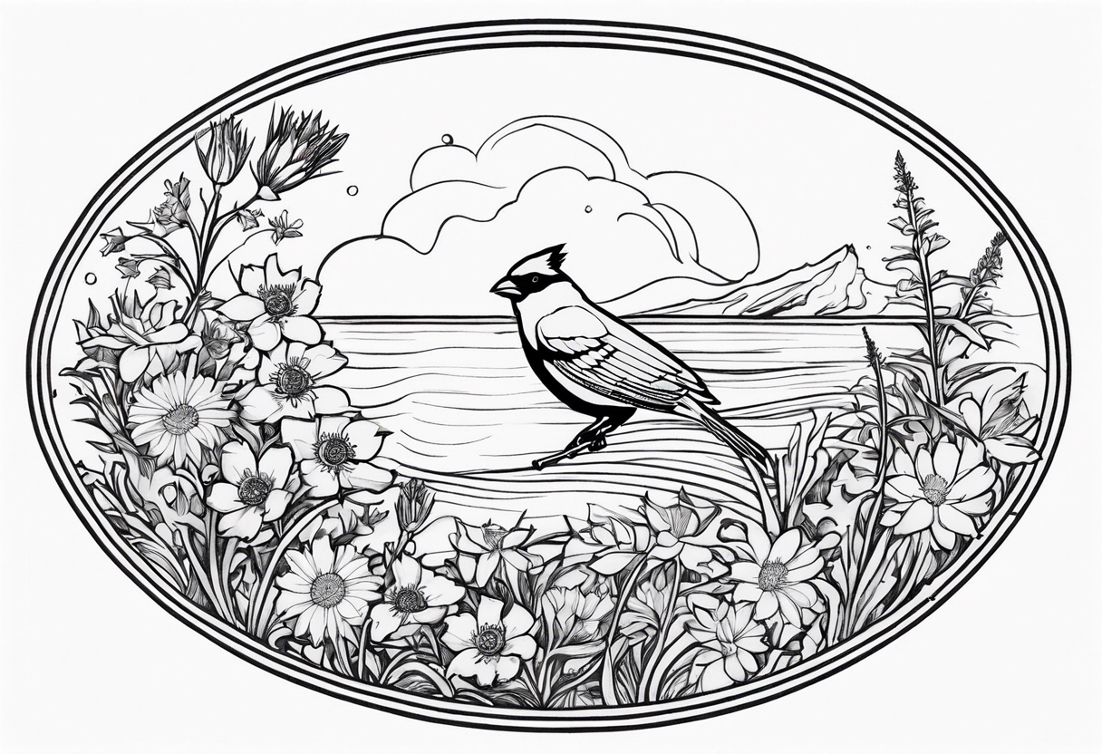 Oval shape with sea rocket and aster flowers with a small cardinal room in the center for a signature less ornate make the cardinal smaller and leave the center empty tattoo idea