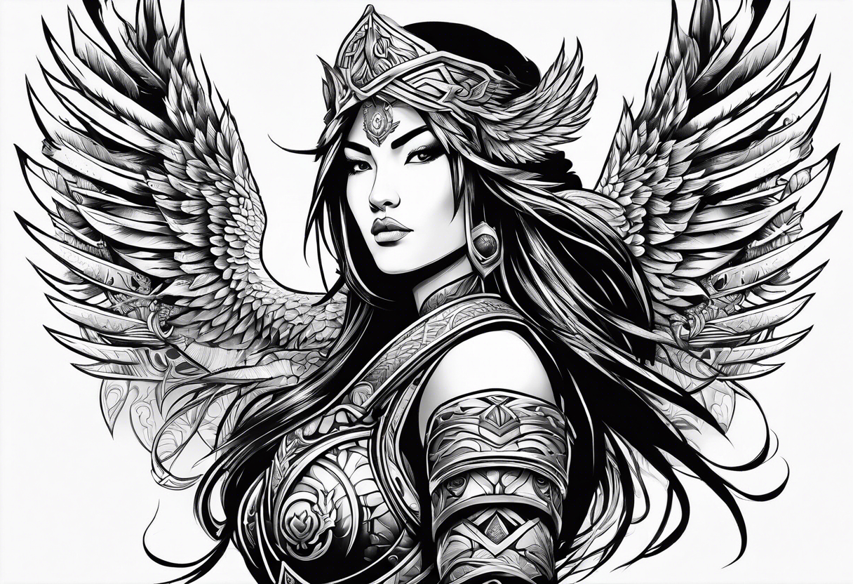 female warrior with phoenix and weapons tattoo idea