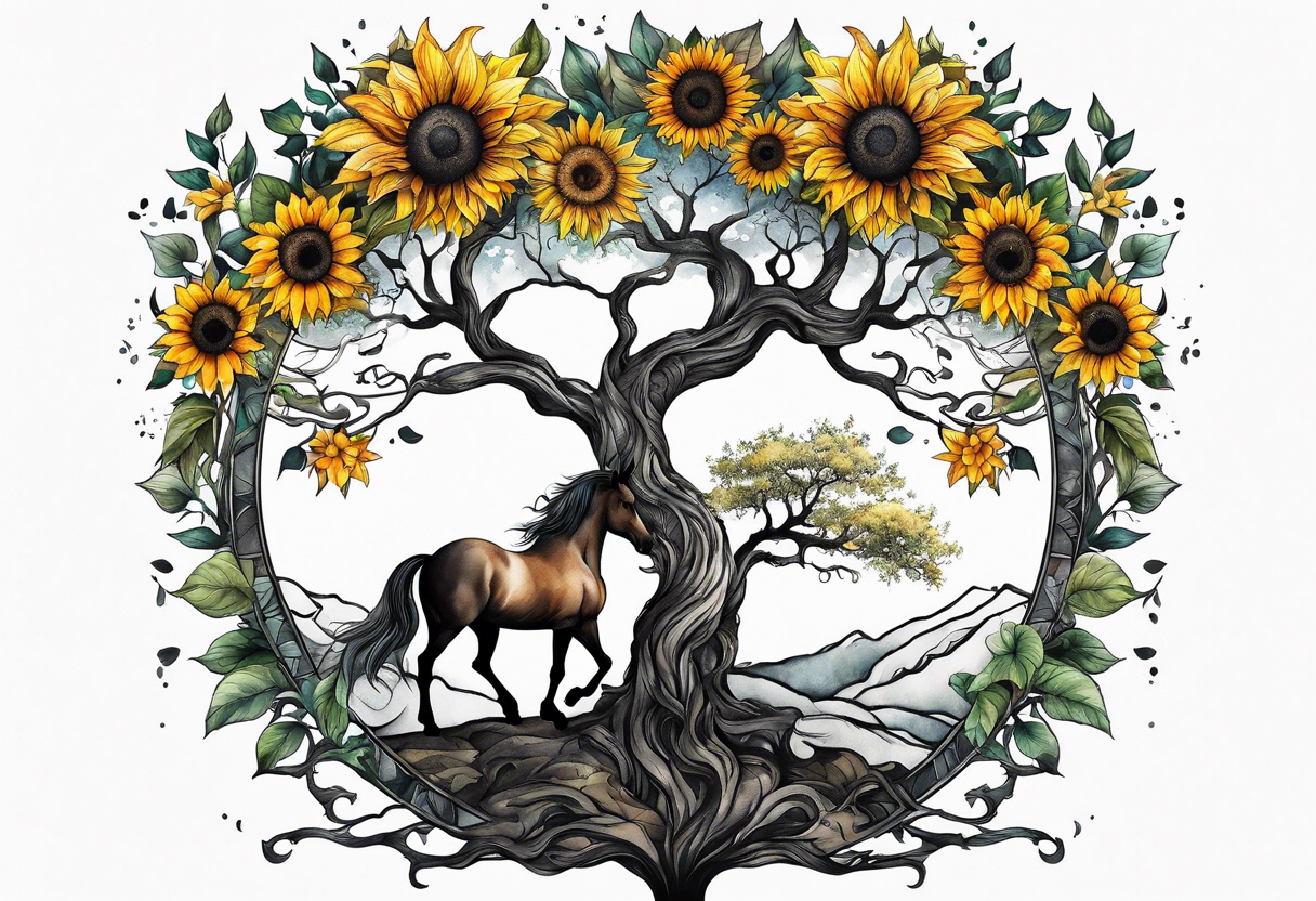 Yggdrasil tree, horse, sunflower tattoo idea