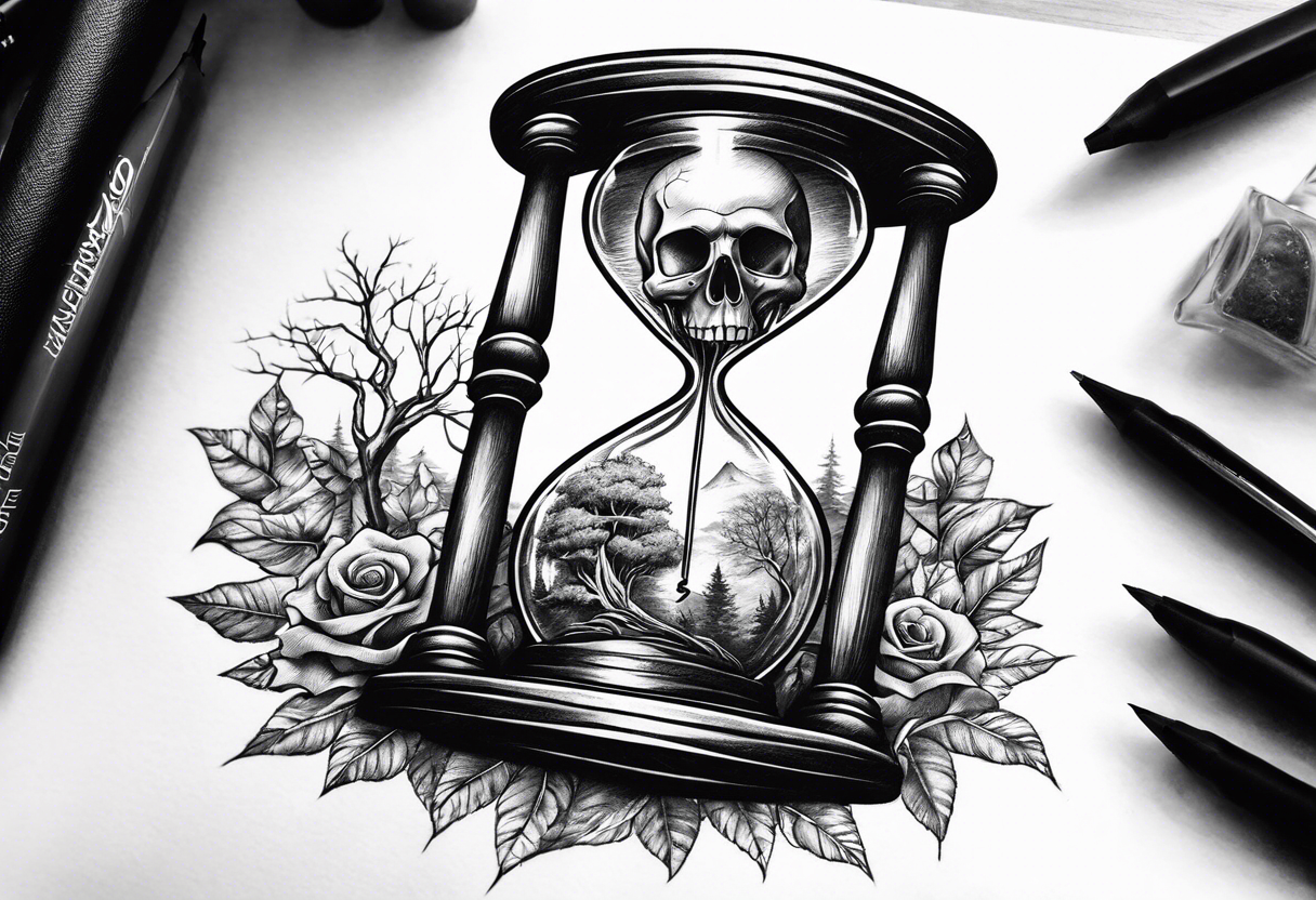 Hourglass with skull and tree inside tattoo idea