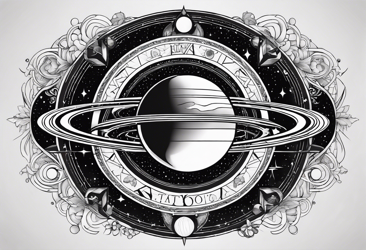 A tattoo with Saturn at the center surrounded by intricate linguistic symbols, reflecting the client's interests in cosmology and linguistics. tattoo idea