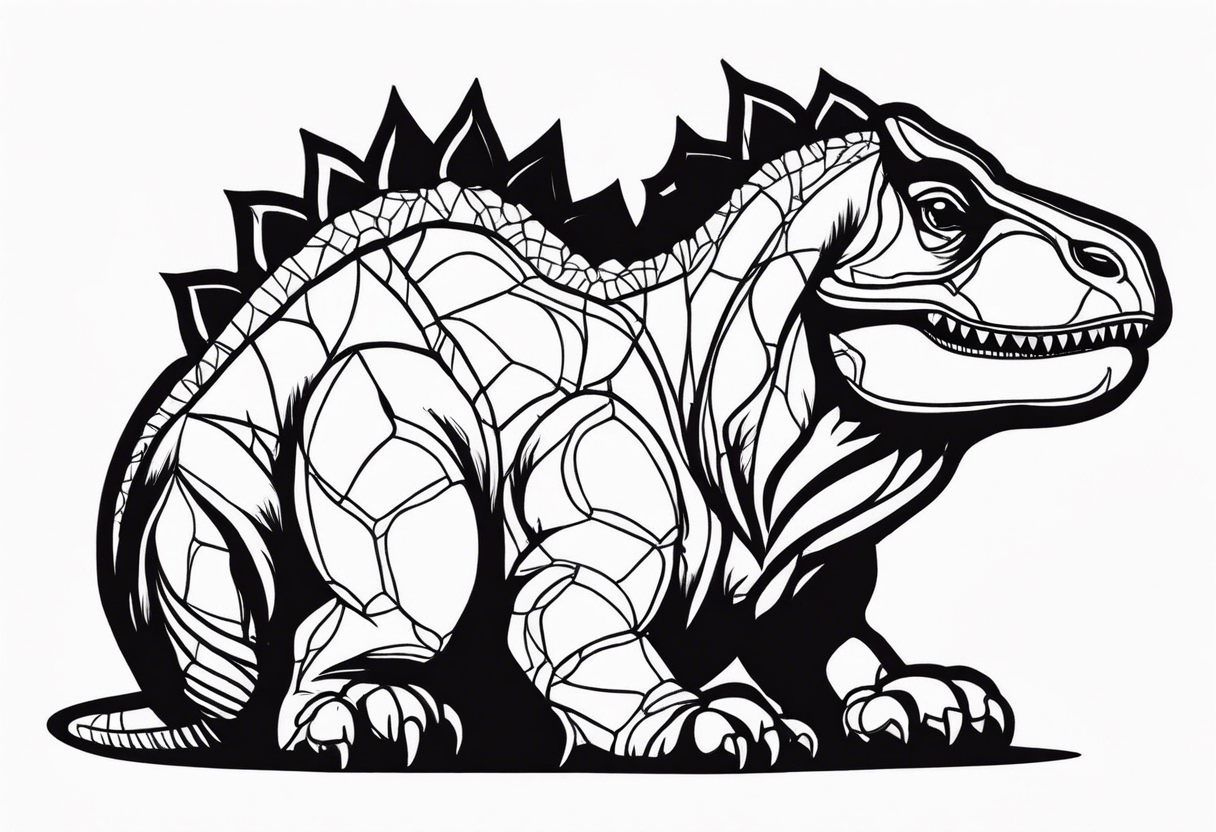 Draw me a simple sweet sitting dino who is drawing on a painting tattoo idea