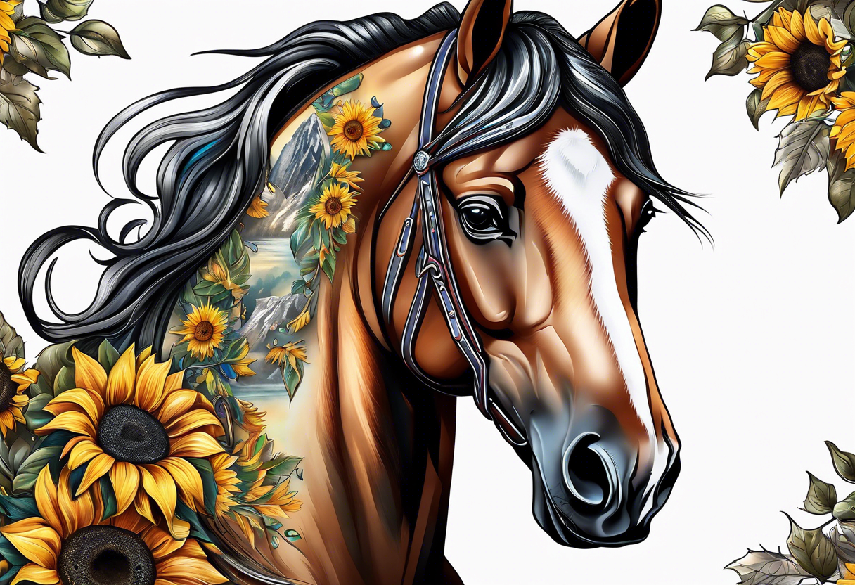 Horse, compass, sunflower tattoo idea