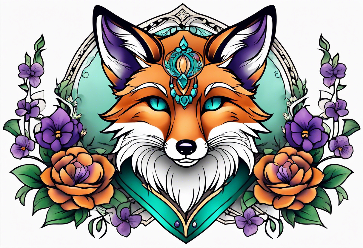 Neo traditional fox with violets and teal frame tattoo idea