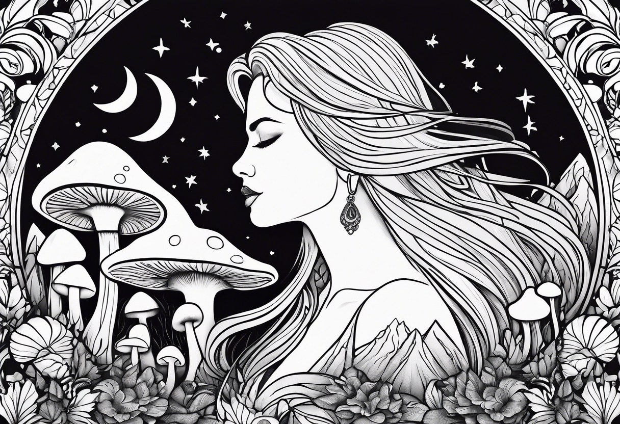 Fat older blonde woman long hair thin lips surrounded by mushrooms crescent moon mountains background "GRACEFUL" tattoo idea