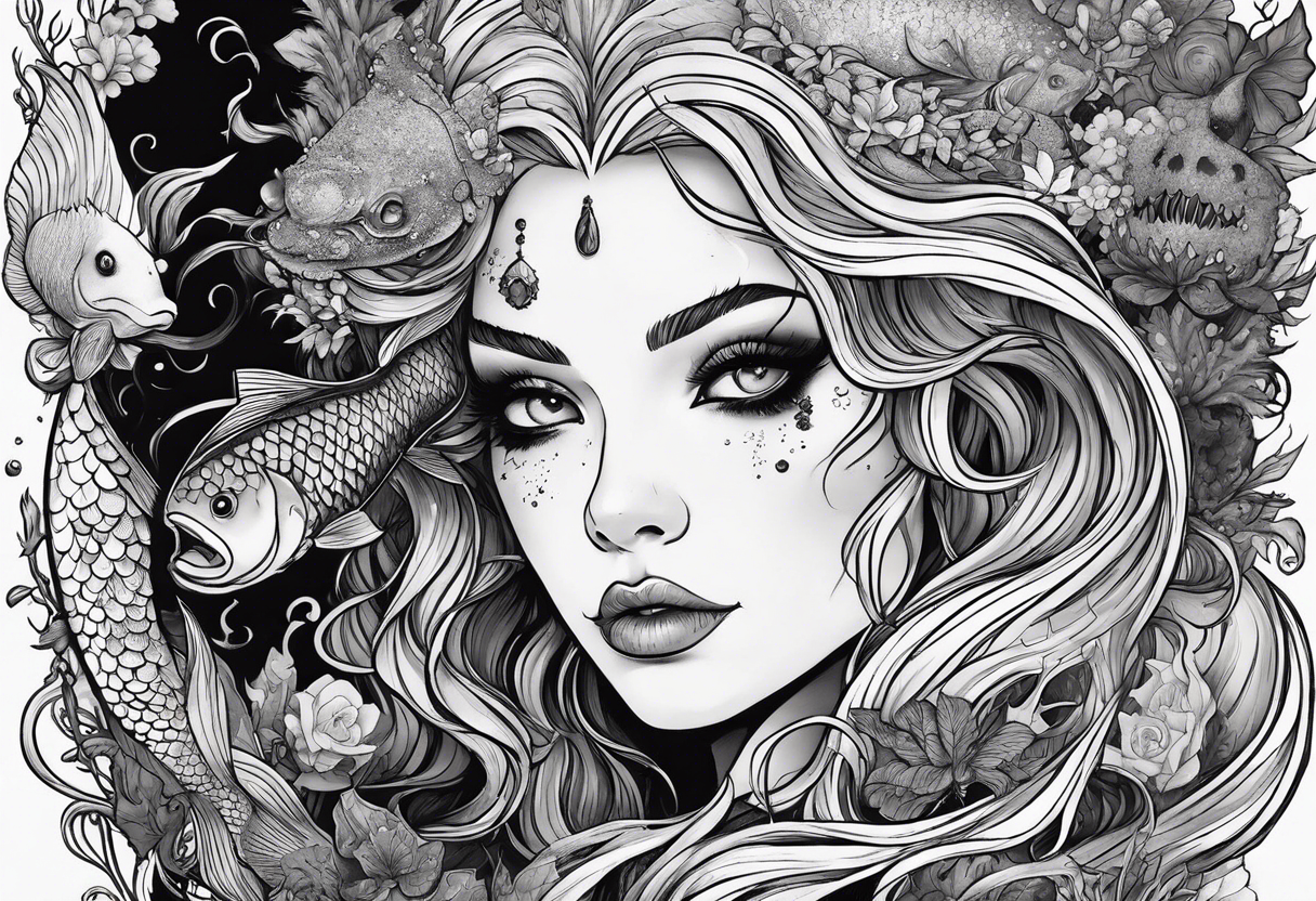 Swamp mermaid, ugly, creepy, undead, moss, fishlike, minimalist, hairless black and white tattoo tattoo idea