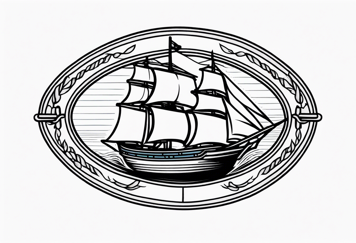 american traditional ship. oval border tattoo idea