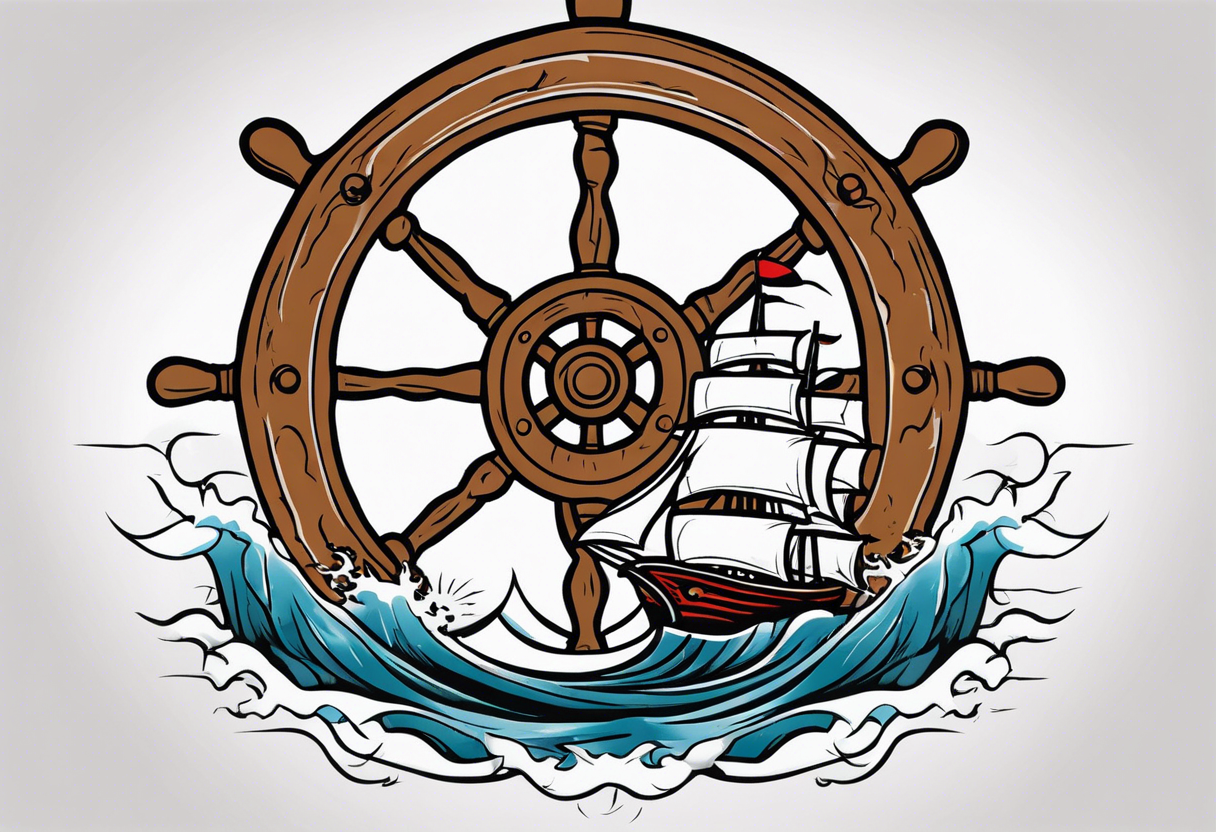 Man trunkg ships wheel in a storm. Full calf tattoo tattoo idea