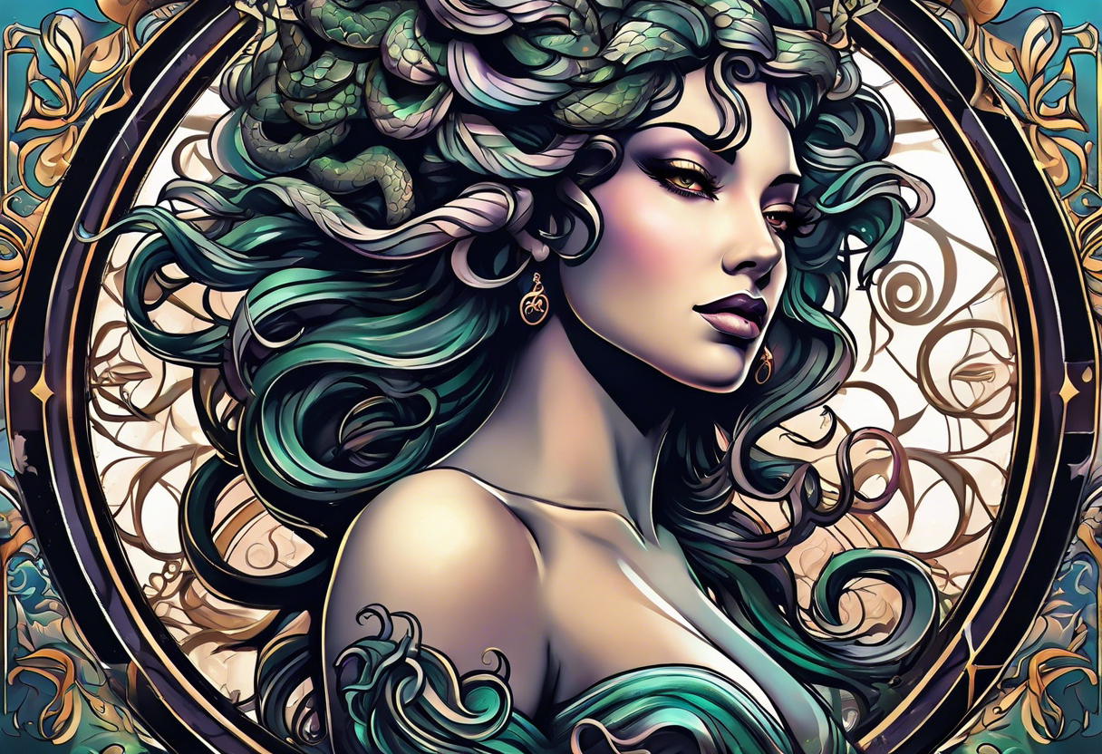 Medusa head with a mysterious expression, capturing both her allure and danger. Blend dream-like qualities with the striking figure of Medusa. tattoo idea