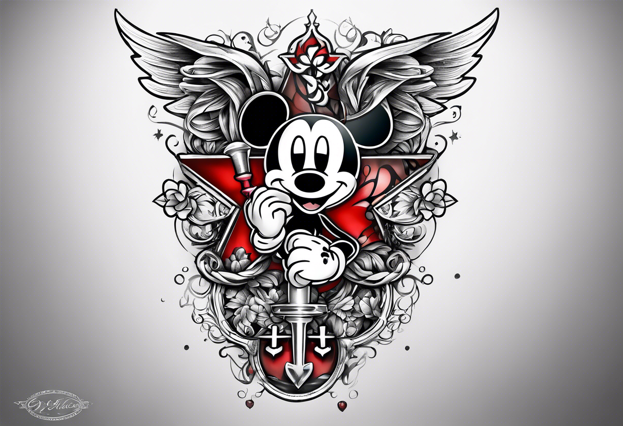 Tattoo full left arm with a collage of  a medicine caduceus and a mickey mouse silhouette tattoo idea