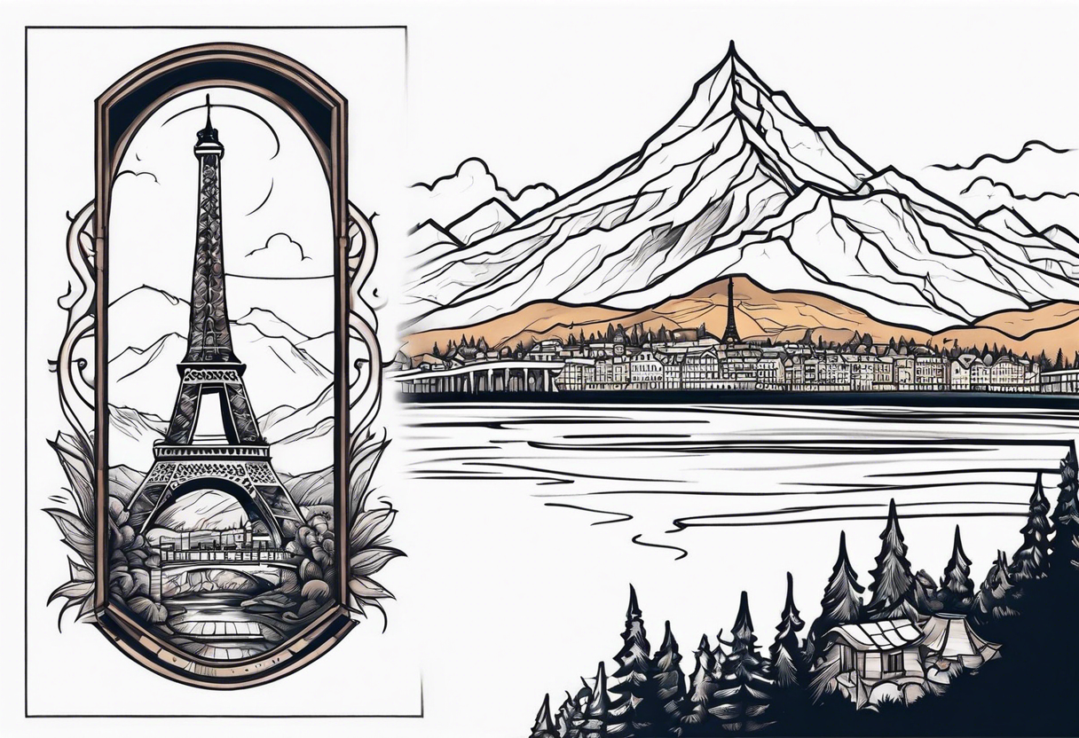 panoramic view of eagle's nest, eiffel tower and mountains with a river beneath tattoo idea