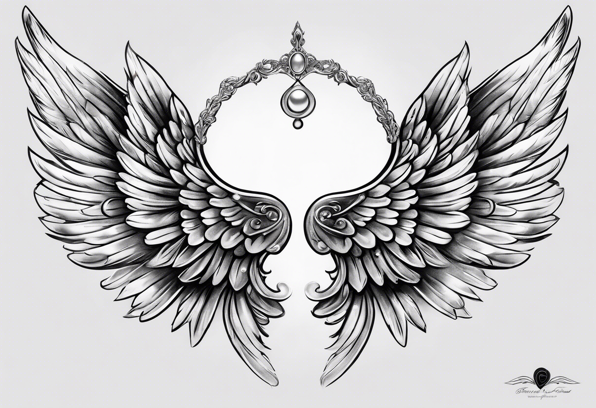 realistic delicate angel wings with pearls tattoo idea