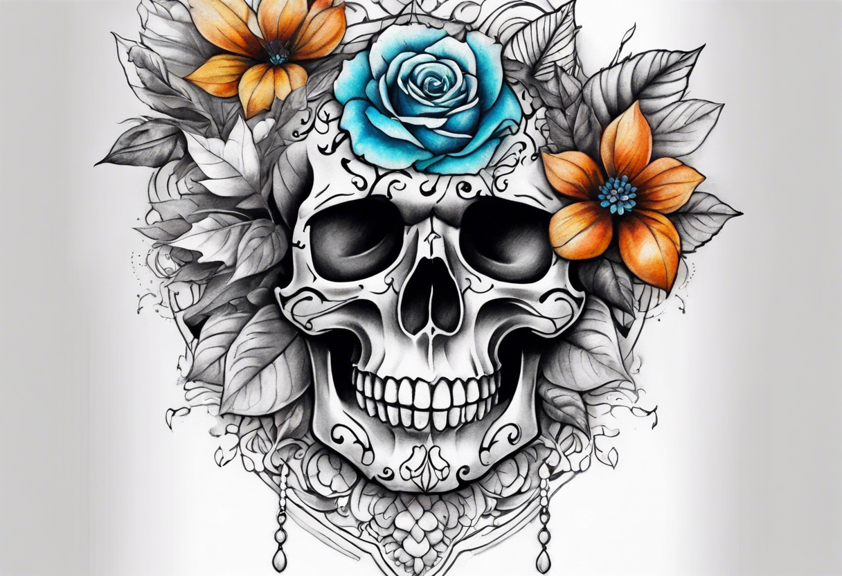 Front knee tattoo with fall colors, small flowers, rose, style skull, leaves, blue water flows with washes and background tattoo idea