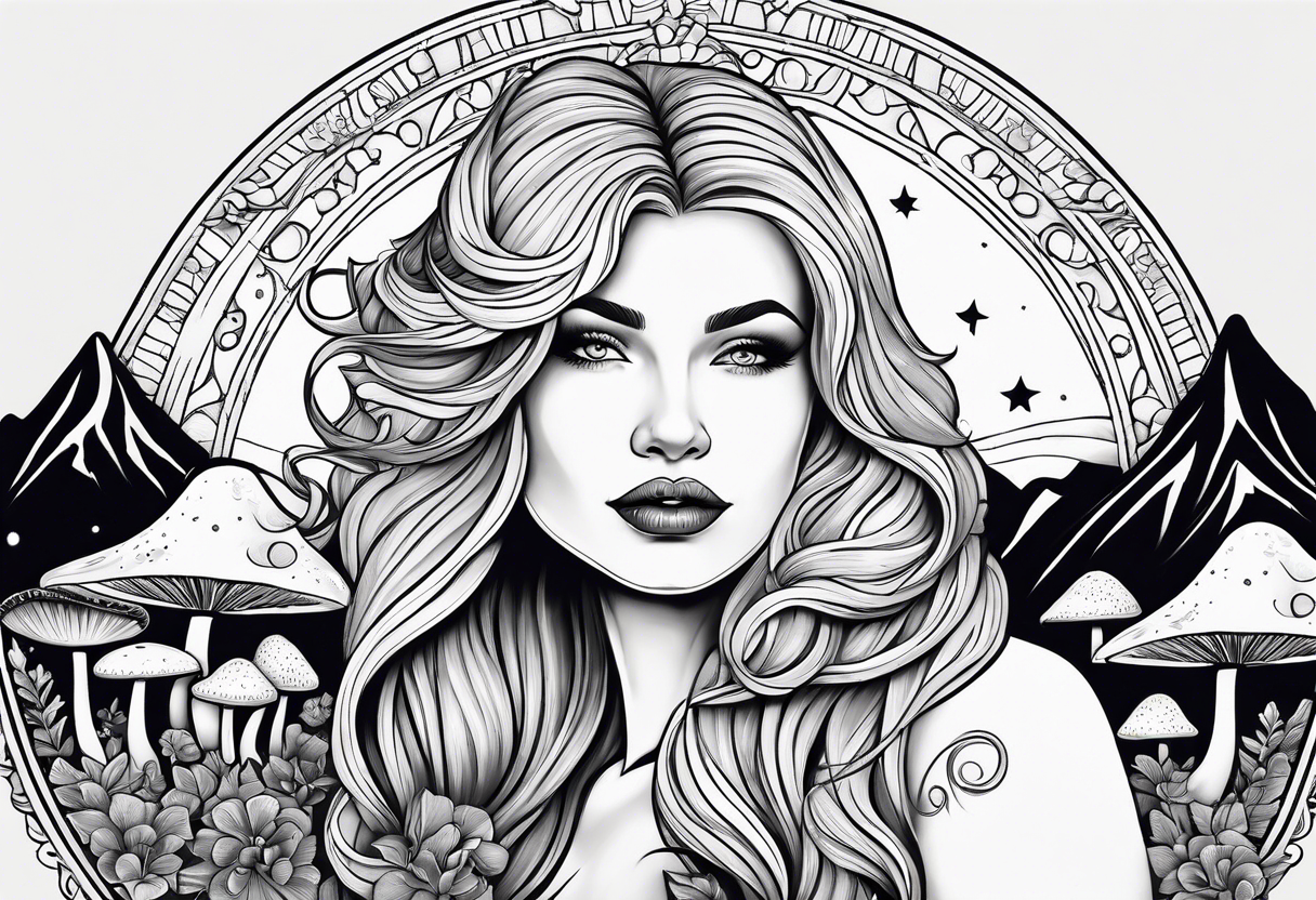 Fat older blonde natural woman long hair small lips surrounded by mushrooms crescent moon mountains background "GRACEFUL" tattoo idea