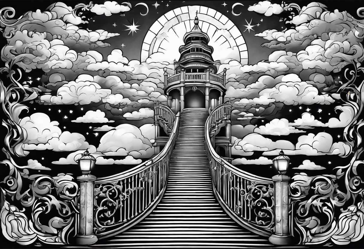 Staircase that leads through the clouds to heaven and ends at the gates of heaven. At the end there is a bright light tattoo idea