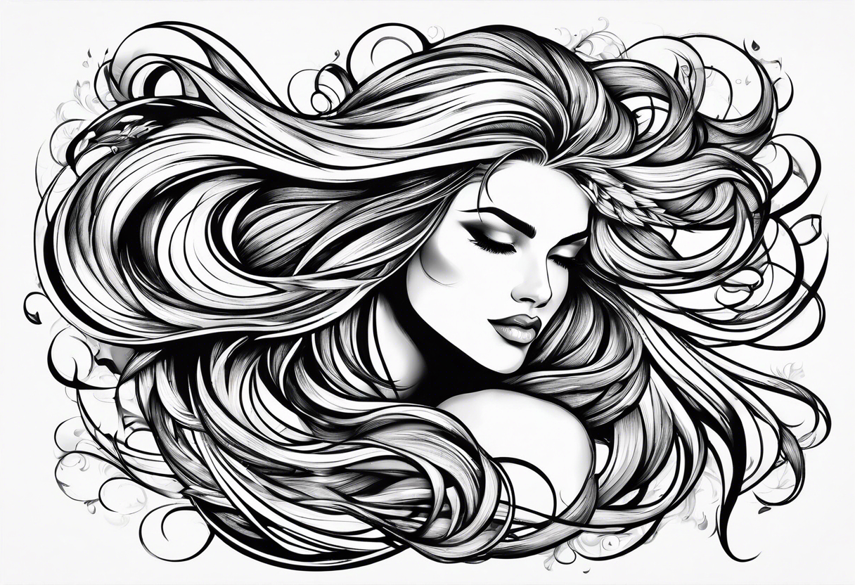 long hair flowing from shoulder to elbow tattoo idea