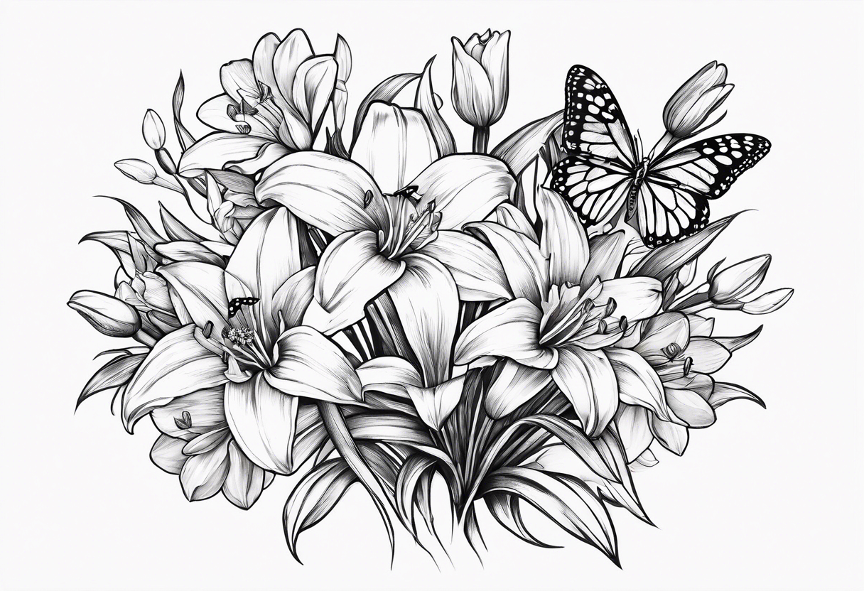 Wild flower of lily daisy and daffodil bouquet with butterfly 6-8 inches bi tattoo idea