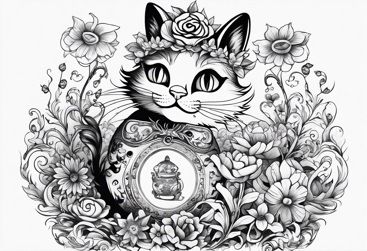 alice in wonderland dancing among magical flowers tim burton style cheshire cat tattoo idea