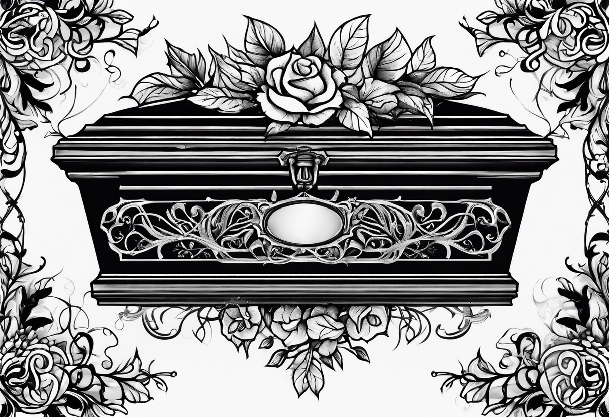 Coffin surrounded leafy vines tattoo idea