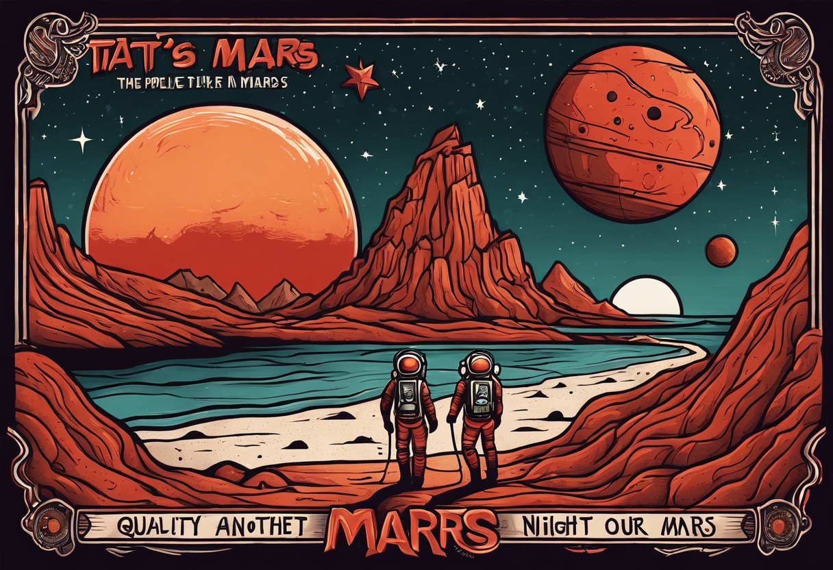 the planet mars with two stick figures holding hands on top of it, with the words "what's another night on mars, with friends like ours?" in a banner across tattoo idea