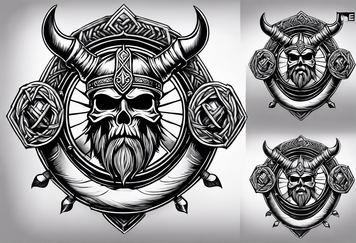 cool viking themed sleave on whole right arm ship axe shield tattoo idea