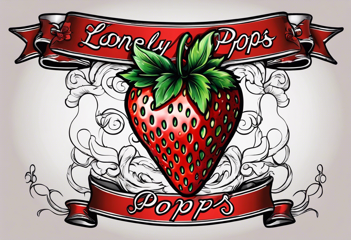 lonely strawberry wrapped in banner saying Pops tattoo idea