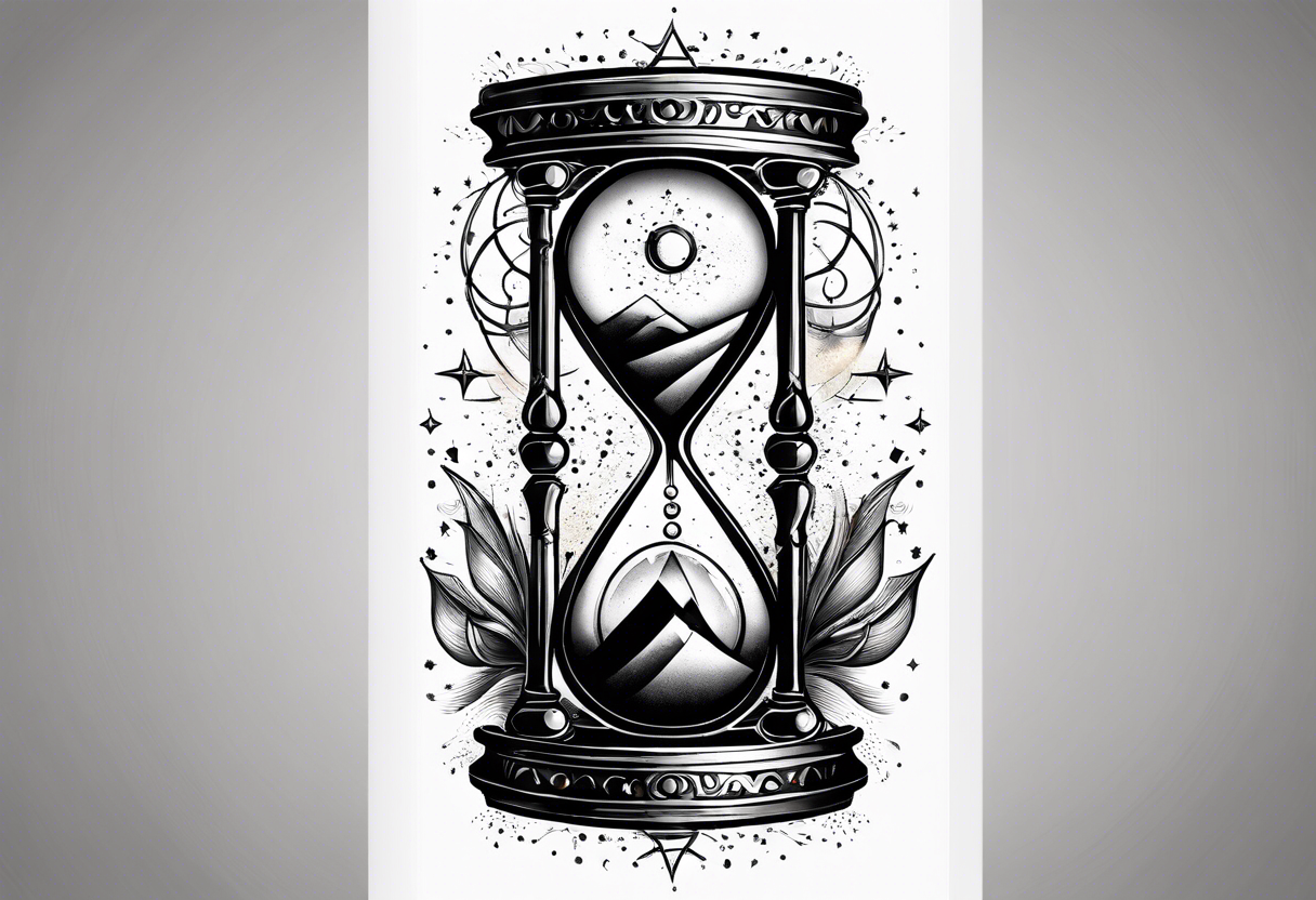 Hourglass with star stuff and cosmic dust exploding from the top and bottom of the hourglass. Long tattoo to fit on the forearm tattoo idea