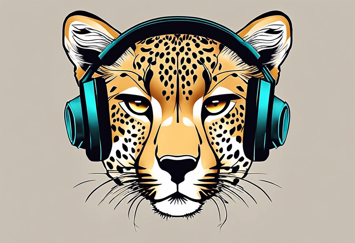 A minimalist tattoo of a cheetah head wearing headphones, showcasing your interest in music and the beauty of cheetahs tattoo idea