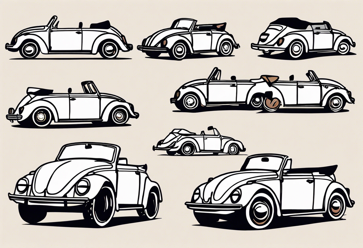 VW beetle convertible, side profile, top-down, modern, linework, minimal, no shadow, no solid shading, brown lines, thin lines tattoo idea