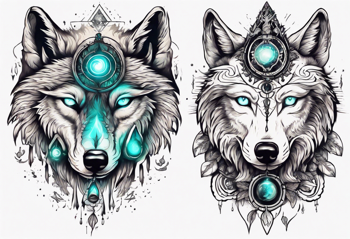 A wolf with a glowing pineal gland and spiritual symbolism tattoo idea