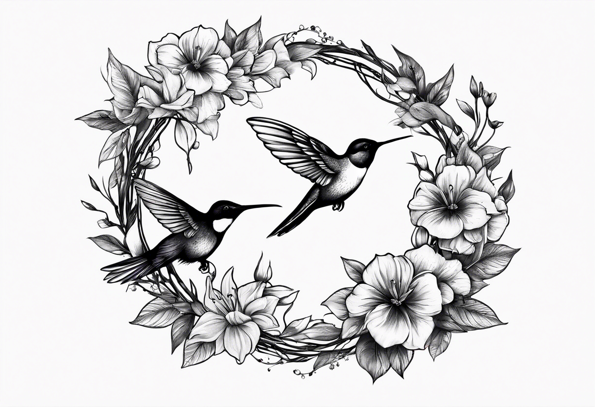 floral wreath with humming birds in the middle tattoo idea