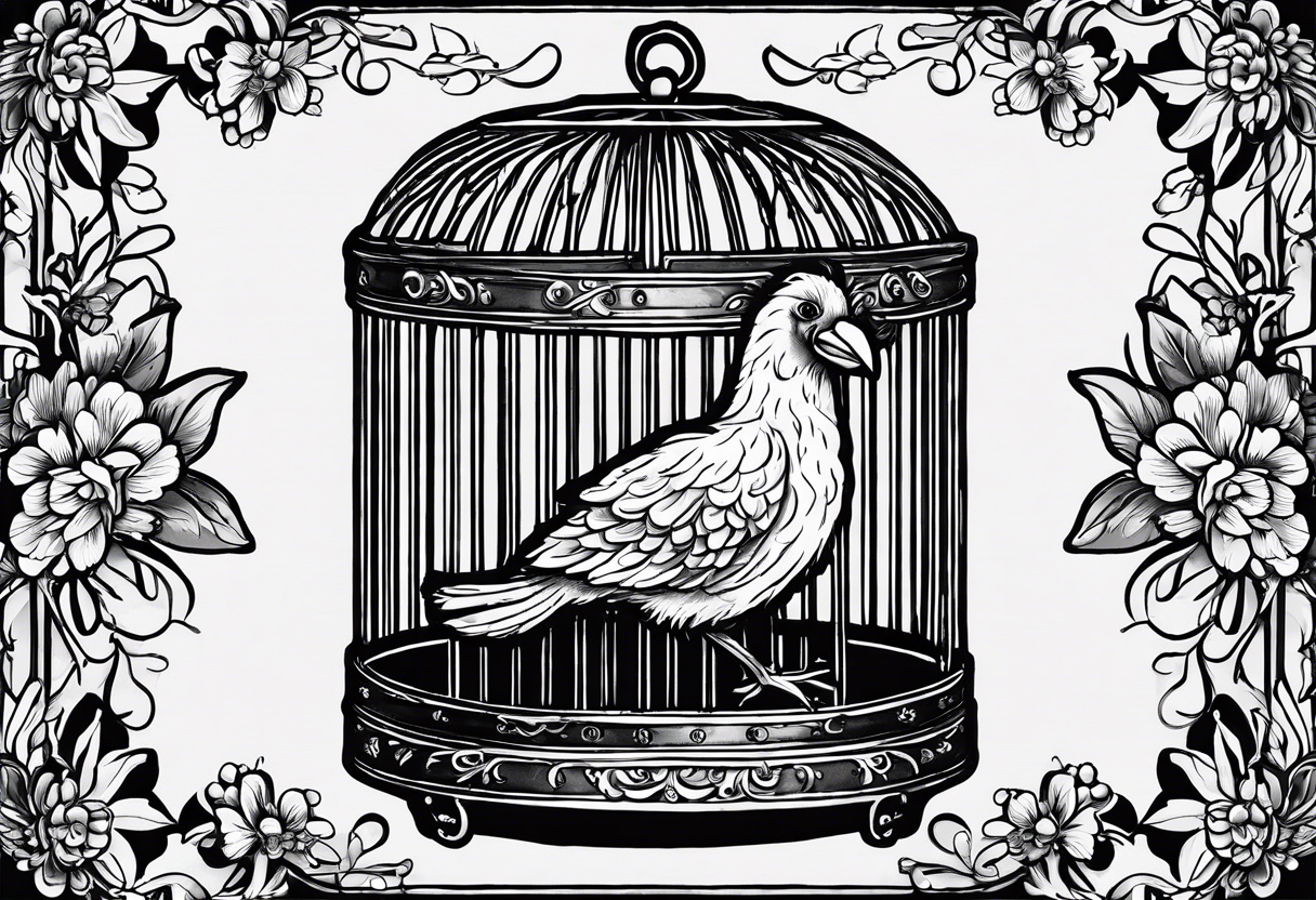 big bird in a small cage as in the song ''big bird in a small cage'' from patrick watson. Add decoration outside the cage like flowers or foliage tattoo idea