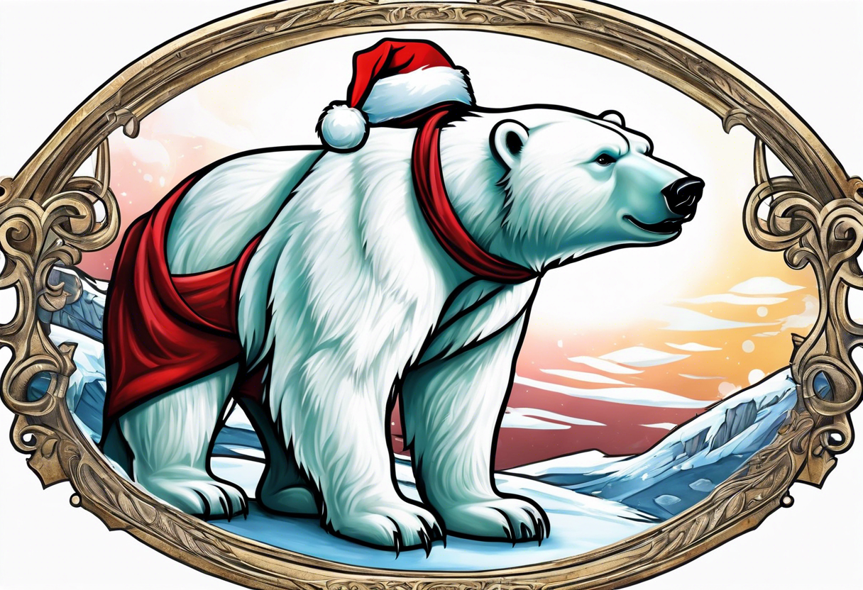 A polar bear dressed as Santa at Disney land castle tattoo idea