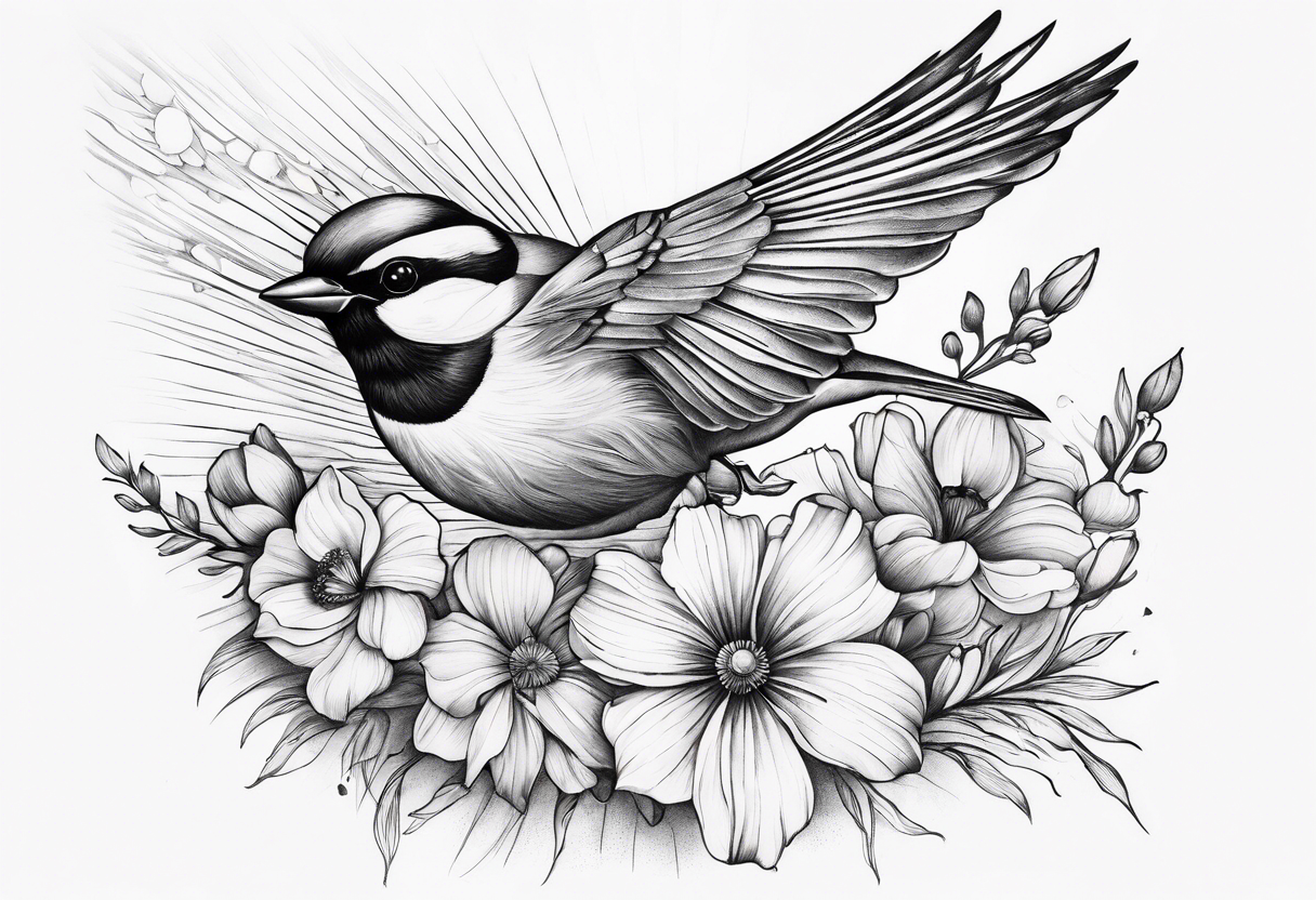 one flying 
sparrow, sunrays, 
make it a neck sleeve
add in a cosmos, iris, daisy, poppy and larkspur tattoo idea