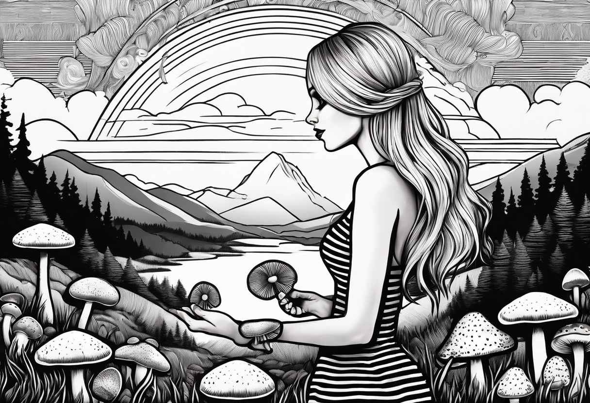 Straight blonde hair girl holding mushrooms in hand facing away toward mountains surrounded by mushrooms circular design black and white striped dress tattoo idea