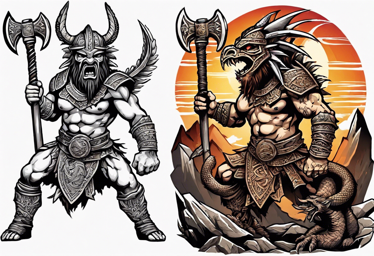 aztec dwarven warrior with a war axe fighting against a dragon in the mountains as the sun is rising tattoo idea