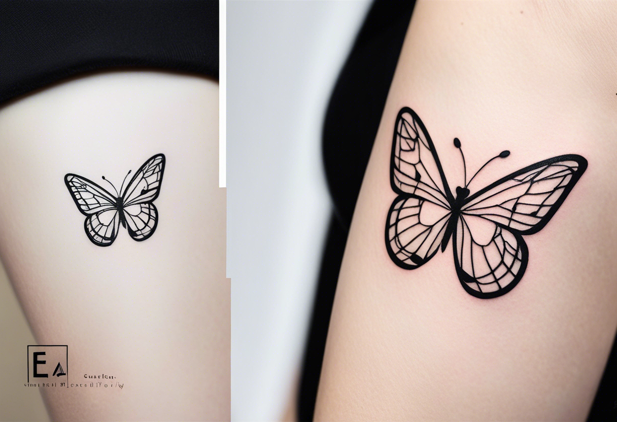 A minimalist butterfly tattoo that incorporates the letter E tattoo idea