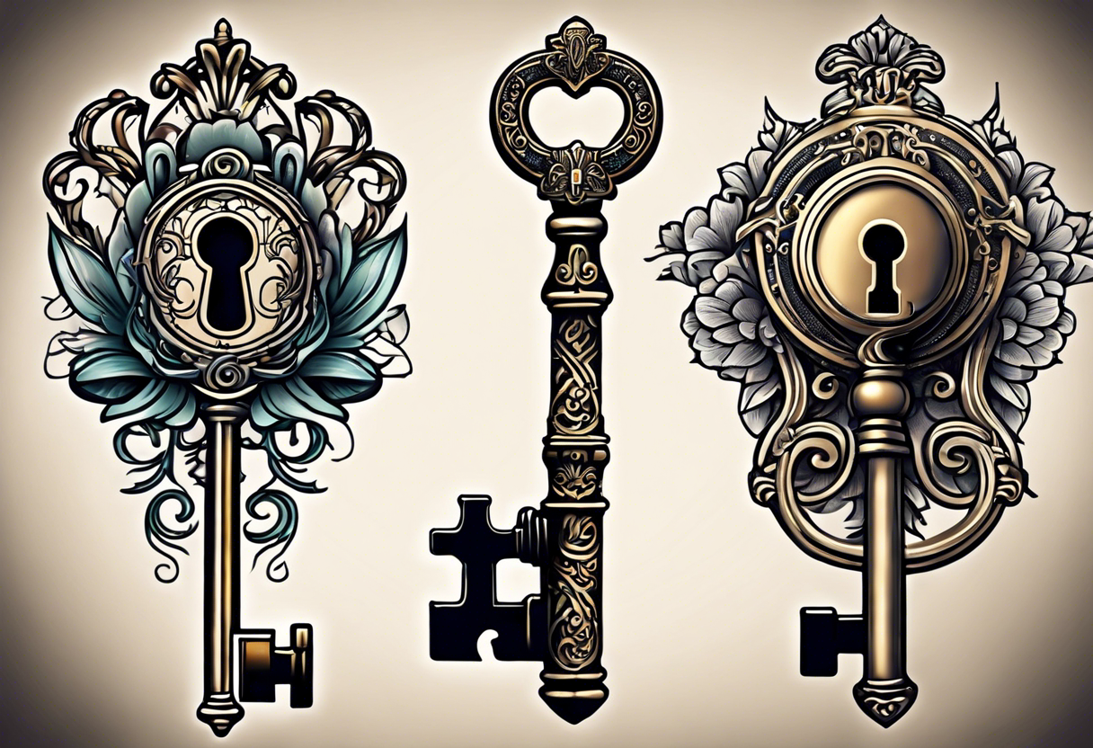 couple tattoos of an old antique key and lock, when the tattoos are side by side they look like the key unlocks the lock. tattoo idea