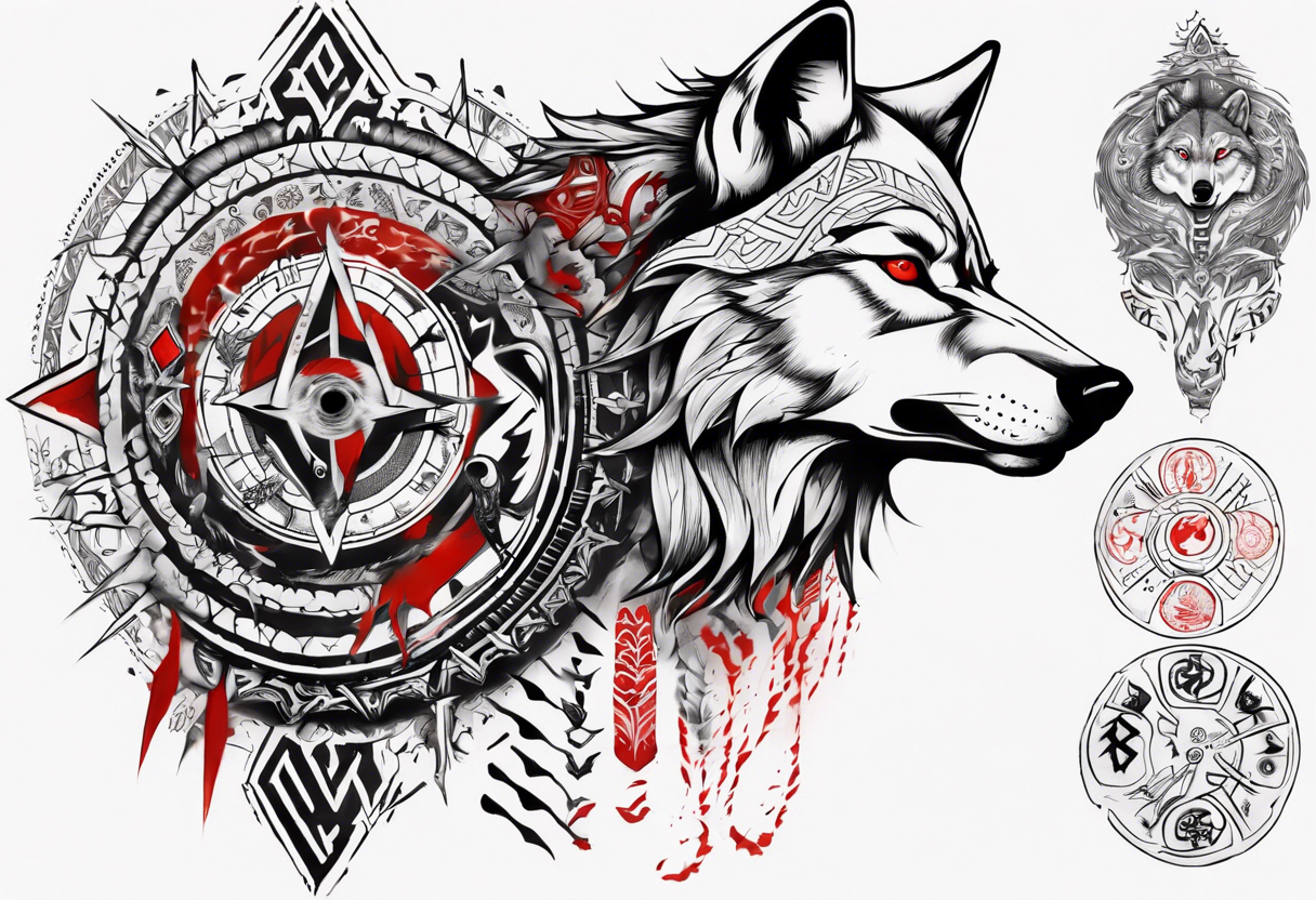 want a half sleeve on my left forearm featuring a side profile of wolf with a vegvisir for its pupil and red eye, surrounded by Māori patterns and Norse symbols tattoo idea