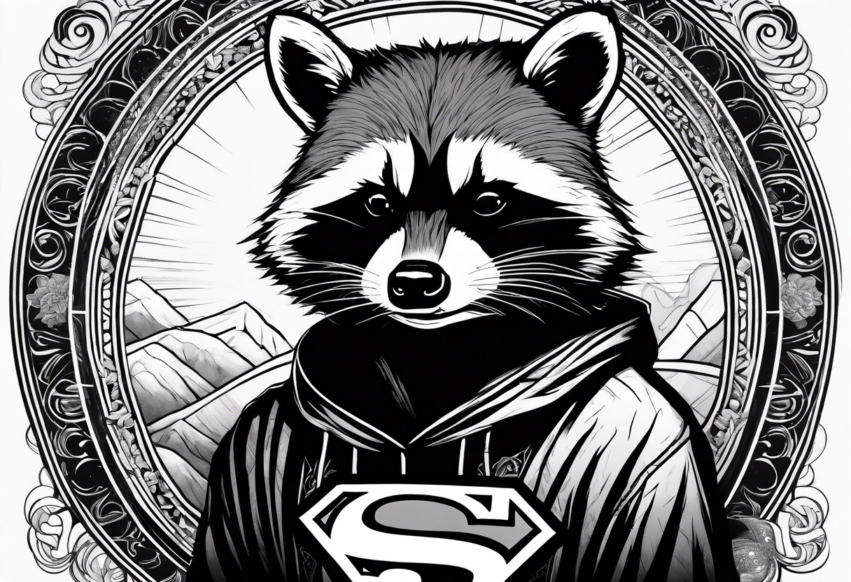 Raccoon wearing a white Superman logo on a black hoodie tattoo idea