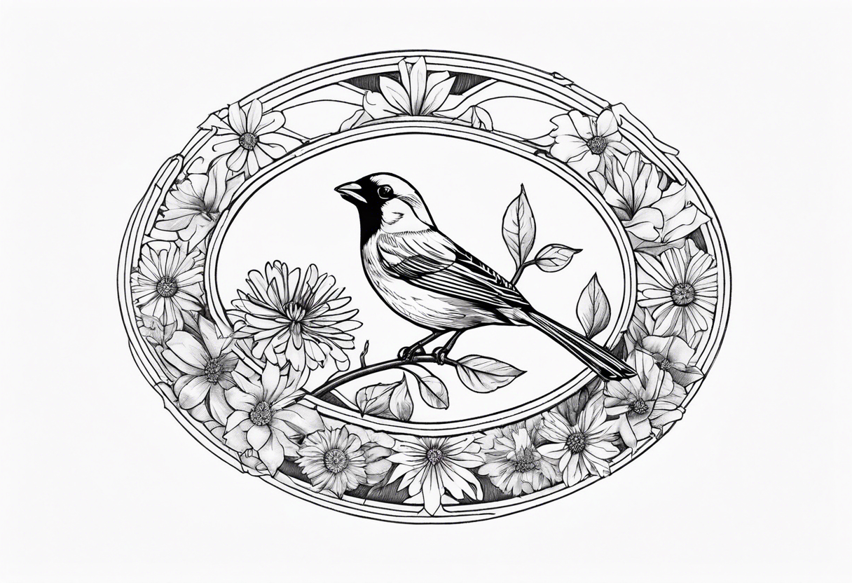 Oval shape with sea rocket and aster flowers with a small cardinal room in the center for a signature less ornate make the cardinal smaller and leave the center empty tattoo idea