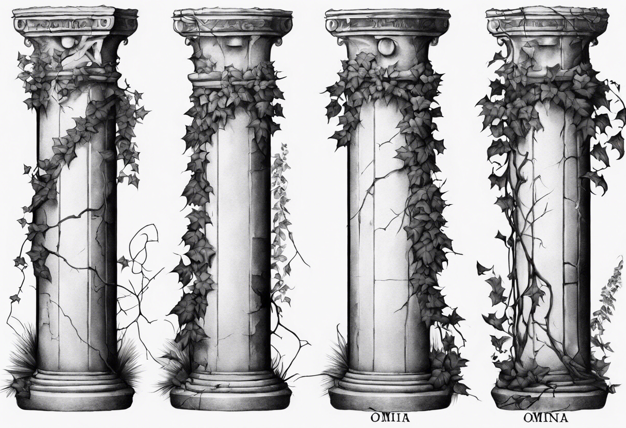 Half of a roman pillar with the word "OMNIA" inscribed on the top. It has cracks in the middle and overgrown ivy at the bottom. It is turned 20 degrees to the right. tattoo idea