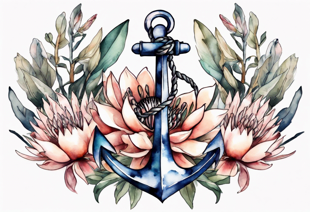 Very feminine tattoo of an anchor with protea flowers tattoo idea