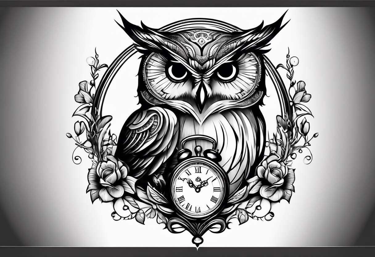 Mother and baby owl with clock tattoo idea