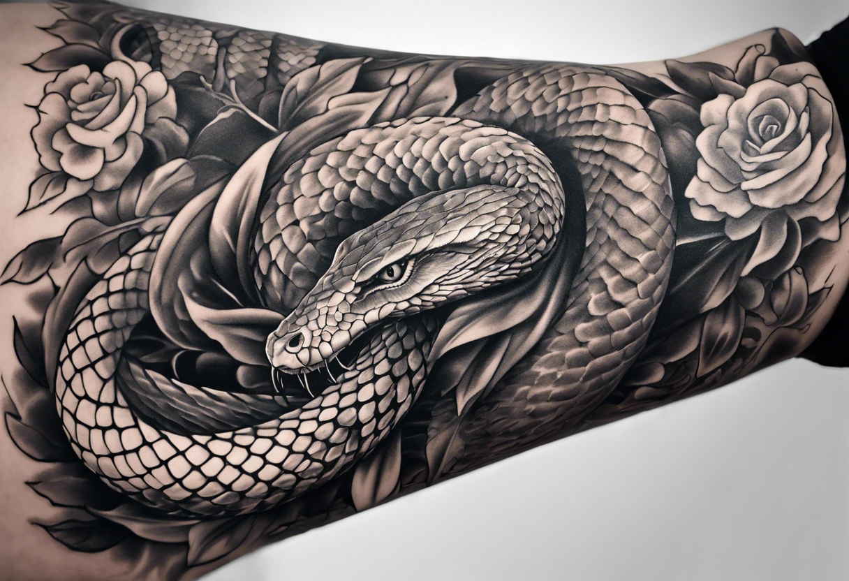 Arm sleeve with a snake winding around and down the arm, being killed by biblically accurate angels. tattoo idea