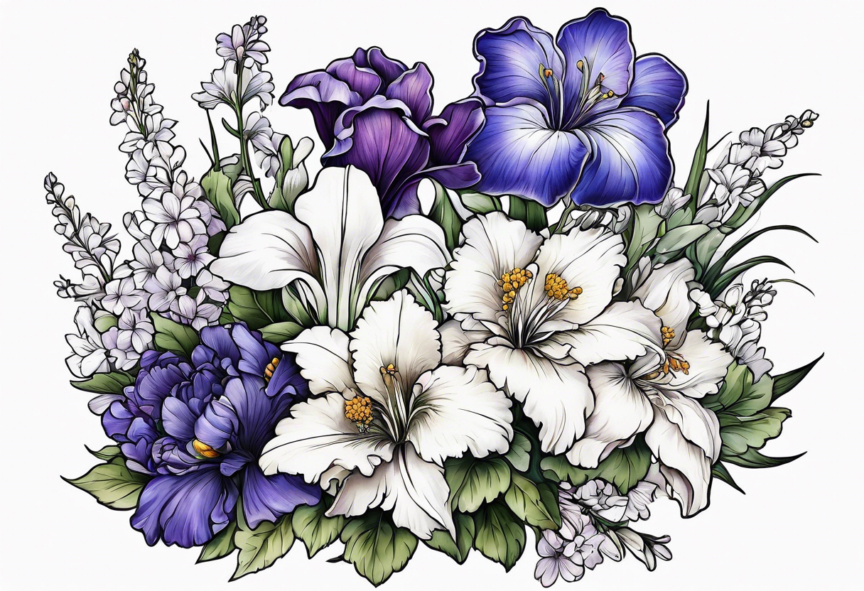 Flower bouquet filled with violets, irises and chrysanthemums tattoo idea