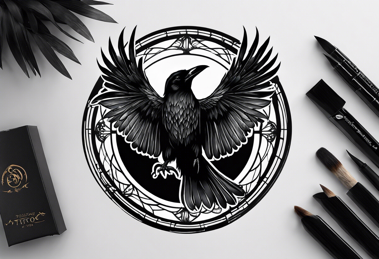 Crow with wings spread out, preached on top of a circle window with the words Time doesn’t heal anything, it just teaches us how to live with the pain tattoo idea