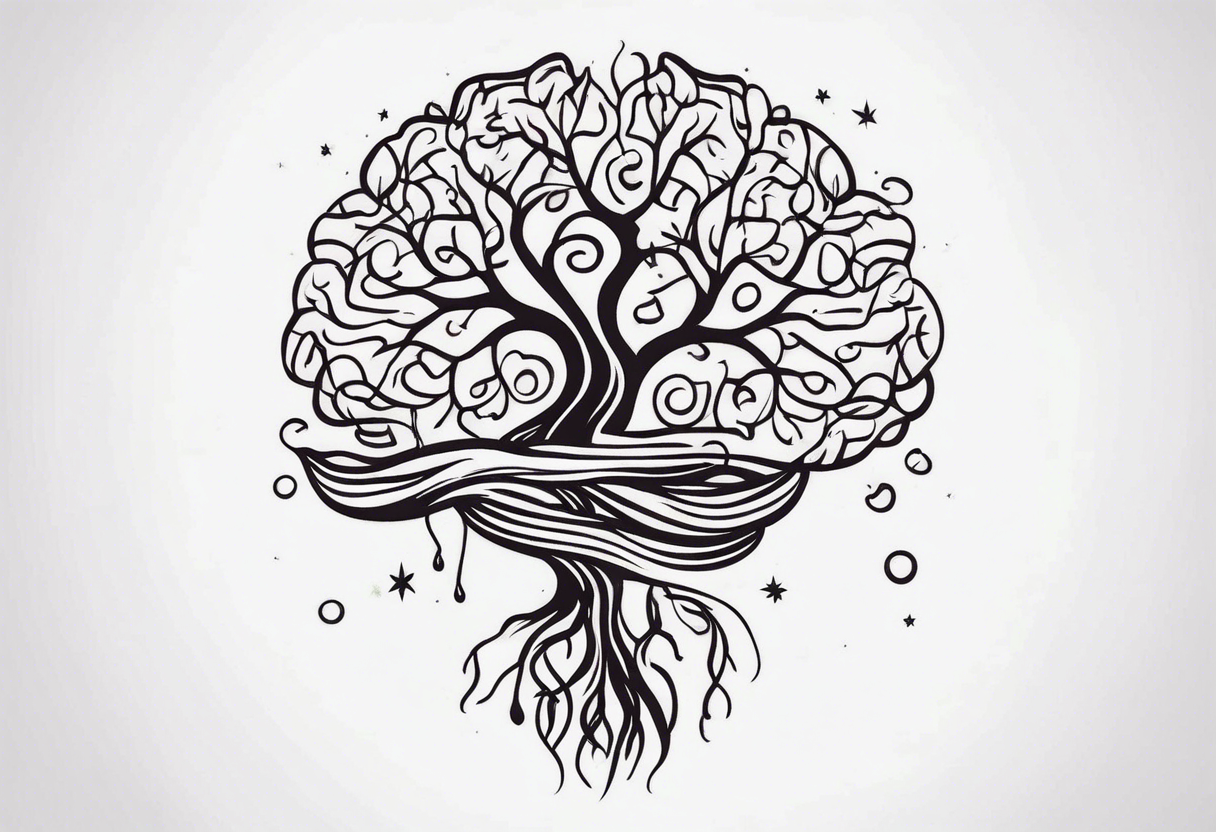 a small tree with its roots morphing into the shape of a brain tattoo idea