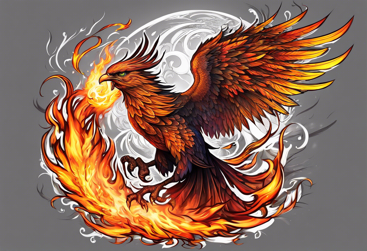 phoenix scarred warrior with weapons burning tattoo idea