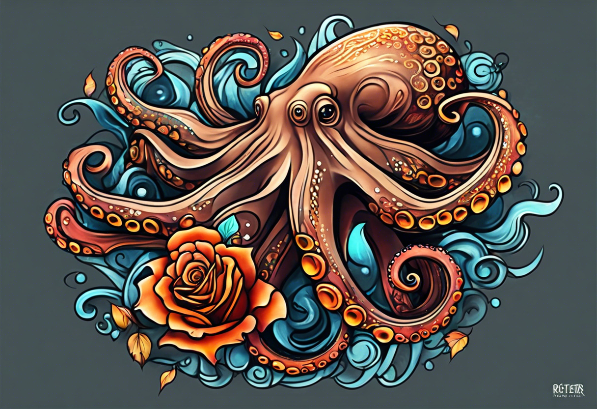 abstract gender-neutral Octopus Arm Sleeve tattoo with subtle facial features, a small rose, water swirls, rocks, underwater features in fall colors tattoo idea